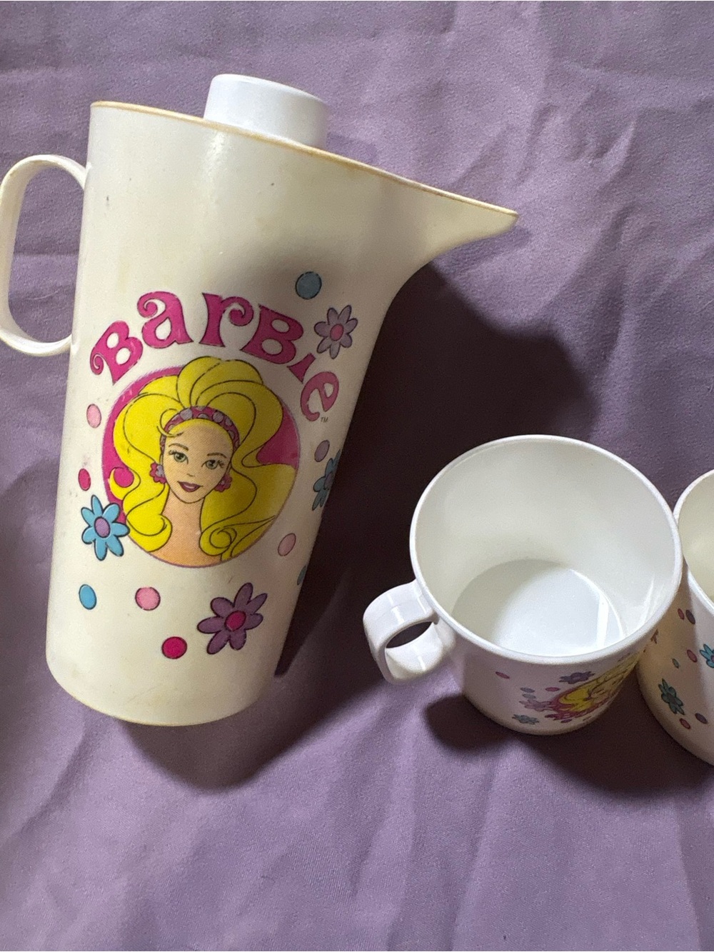 1980 vintage Barbie Cream Pitcher and Mug Set with Pink, Yellow and Blue Accents